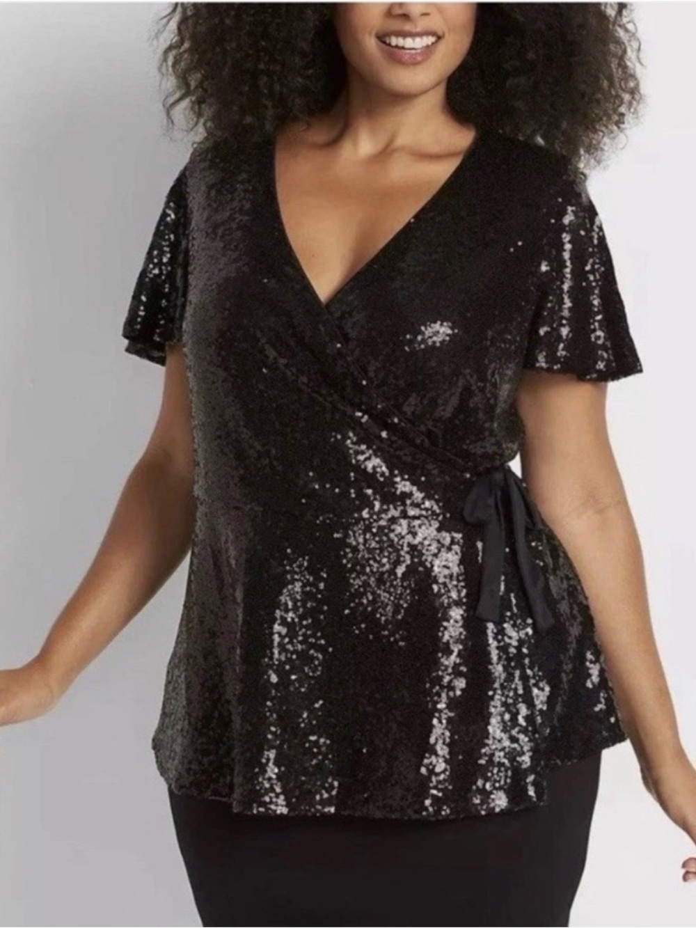 Lane Bryant Black Sequin Wrap Tie Short Sleeve Blouse